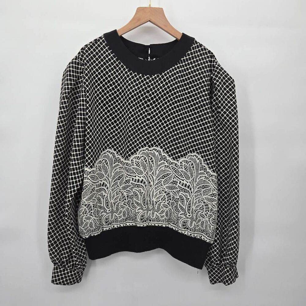 Vintage Andrea Gayle Blouse Size 12 Black White Lace Pattern Long Sleeve